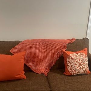 2 LIKE NEW Fall Orange throw pillows and throw blanket